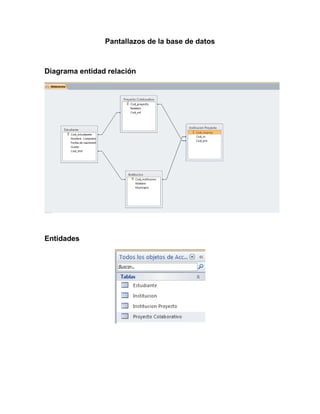 Pantallazos de la base de datos



Diagrama entidad relación




Entidades
 