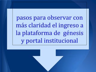 pasos para observar con
más claridad el ingreso a
 PASO POR PASO PARA
la plataforma de génesis
   VER LA MISIÓN Y
  y portal institucional
         VISIÓN.
 