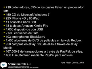 710 ordenadores, 555 de los cuales llevan un procesador Intel  450 CD de Microsoft Windows 7  925 iPhone 4S y 85 iPad  11 consolas Xbox 360  18 tabletas Amazon Kindle Fire  4.000 dispositivos con USB  2.500 cartuchos de tinta  103 smartphones BlackBerry  1.400 alquileres de DVD de películas en la web Redbox  950 compras en eBay, 180 de ellas a través de eBay Mobile  167.000 € de transacciones a través de PayPal; de ellas, 7.650 € se efectúan mediante PayPal para móviles  Font: Albert Cuesta. 2011 