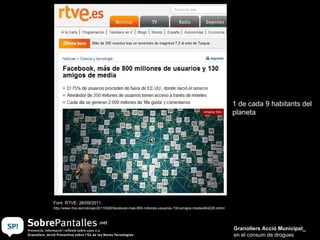 Granollers Acció Municipal_ en el consum de drogues Font: RTVE. 26/09/2011.   http://www.rtve.es/noticias/20110926/facebook-mas-800-millones-usuarios-130-amigos-media/464226.shtml 1 de cada 9 habitants del planeta 