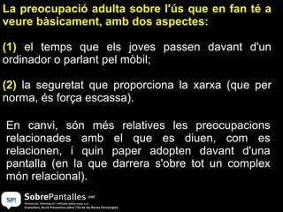 La preocupació adulta sobre l'ús que en fan té a veure bàsicament, amb dos aspectes:  (1)  el temps que els joves passen davant d'un ordinador o parlant pel mòbil;  (2)  la seguretat que proporciona la xarxa (que per norma, és força escassa).  En canvi, són més relatives les preocupacions relacionades amb el que es diuen, com es relacionen, i quin paper adopten davant d'una pantalla (en la que darrera s'obre tot un complex món relacional). 