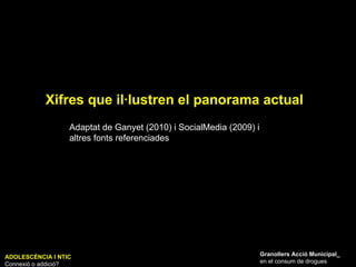Xifres que il·lustren el panorama actual ADOLESCÈNCIA I NTIC Connexió o addició? Granollers Acció Municipal_ en el consum de drogues Adaptat de Ganyet (2010) i SocialMedia (2009) i altres fonts referenciades 