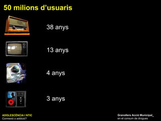 ADOLESCÈNCIA I NTIC Connexió o addició? Granollers Acció Municipal_ en el consum de drogues 50 milions d’usuaris 38 anys 13 anys 4 anys 3 anys 