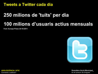 ADOLESCÈNCIA I NTIC Connexió o addició? Granollers Acció Municipal_ en el consum de drogues Tweets a Twitter cada dia 250 milions de 'tuits' per dia 100 milions d’usuaris actius mensuals Font: Europa Press 24-10-2011 