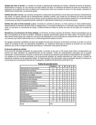 Solidez del color al lavado. La muestra se somete a decoloración acelerada por lavado, mediante acciones de abrasión,
deslizamiento e impacto, en una solución con baja relación de baño, en presencia de balines de acero en movimiento. La
evaluación de la pérdida de color se efectuó por comparación entre una muestra sin lavar y la otra lavada, utilizando un
reflectómetro triestímulos y la escala de grises.
Solidez del color a la luz. Las muestras se exponen a radiaciones equivalentes a la luz solar para observar la decoloración
que sufren. El equipo utilizado fue el intemperómetro (weather ometer), que consta de una lámpara de xenón que emite
radiaciones de alta energía, la cual en poco tiempo causa los efectos que la luz solar pudiera ocasionar en un periodo largo.
La evaluación se efectuó comparativamente mediante un reflectómetro triestímulos y la escala de grises.
Solidez del color al frote húmedo y seco. Consistió en someter la prenda a un frote continuo en ciclos determinados,
desprendiendo el colorante del textil sobre un testigo blanco. La prueba se efectuó en un frotímetro que consta de un brazo
móvil, el cual tiene un movimiento de vaivén. Posteriormente se evaluó el cambio de color de las telas con la escala de
grises.
Resistencia a la formación de frisas (pilling). La formación de frisas (conjunto de borlitas o fibras enmarañadas que se
fijan a la superficie de la tela) se aceleró, utilizando un aparato denominado cámara de volteo (atlas). Se propicia que las
telas formen frisas típicas por medio de una acción de frotamiento al azar producida por especímenes que dan vueltas en
una cámara cuyo interior está forrado con un material ligeramente áspero (corcho).
Se agregan pequeñas cantidades de fibras de algodón karnak para favorecer la formación de frisas en la tela, la cual se
evaluó al comparar la tela con estándares fotográficos. La resistencia observada se reporta de acuerdo con una escala
arbitraria que va del 5 (ninguna formación de frisas) al 1 (formación más severa de frisas).
Evaluación global de calidad
Es la suma de resultado ponderado de cada prueba. La escala va de cero a 100 puntos (esta última corresponderá a la
prenda que logre satisfacer las especificaciones de las pruebas). Todas las características evaluadas que es posible
representar numéricamente se traducen a valores de la escala de ponderación para facilitar la interpretación de resultados.
Los detalles de los resultados parciales y las evaluaciones globales de calidad obtenidas por cada marca y modelo de
pantalones aparecen en las siguientes tablas. Si usted requiere más información sobre el presente estudio lo invitamos a
comunicarse a la Coordinación General de Investigación al teléfono 55-49-04-95 o al 55-44-21-22.
Tabla de ponderación:
Puntos E B R D
Información al consumidor 5 5 — — 0
Identificación de fibras 5 5 — — 0
Acabados en tela y confección 12 12 8 4 0
Verificación de tallas 7 7 5 3 0
Apariencia después de lavado 5 5 3 1 0
Resistencia de costuras 8 8 6 2 0
Resistencia al rasgado 8 8 6 2 0
Resistencia a la tracción 8 8 6 2 0
Resistencia a la formación de frisas 3 3 2 1 0
Estabilidad dimensional 10 10 6 2 0
Solidez del color:
A la luz 6 6 4 2 0
Al frote seco 3 3 2 1 0
Al frote húmedo 3 3 2 1 0
Al lavado húmedo 10 10 6 2 0
Resistencia a la abrasión 7 7 5 3 0
Total 100
3
 