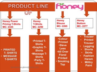 Honey Power
Pricing T-Shirts
MC- 2345
Honey
T-Shirts
MC- 2290
Honey
Bottom
MC- 2277
Honey
Blouse
MC- 2265
• PRINTED
T- SHIRTS
• MESSAGE
T-SHIRTS
•Printed T-
Shirts
•Graphic T-
Shirts
•Message T-
Shirts
•Party T-
Shirts
•Colour
•Printed
•Sleve
Less
•All Over
Floral
Printed
• Smoking
Top
• Trouser
• Printed
Trouser
• Legging
• Shorts
• Skirts
• Fashion
Haram
• Militry
Paint
Sumankumar.glbimr@yahoo.com
 