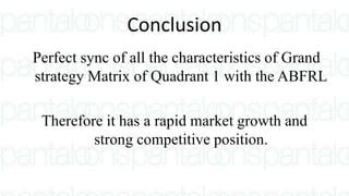 Conclusion
Perfect sync of all the characteristics of Grand
strategy Matrix of Quadrant 1 with the ABFRL
Therefore it has a rapid market growth and
strong competitive position.
 