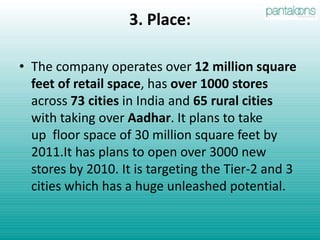 PRODUCTFashion: The group offers a variety of options in fashion. Its brands include aLL, Blue Sky, Central, Etam, Fashion Station, Gini & Jony, Navaras, Pantaloons, and Top 10.Home & Electronics: Options include: Collection i – a lifestyle furniture store; Electronics Bazaar – offers branded electronic goods and appliances; e-zone – trendiest electronics items; Furniture Bazaar – entire range of Home Furniture; Home Town– one stop destination for all the home needs.General Merchandise : Options Include: Big Bazaar , Shoe Factory, Brand Factory, Navaras, KB’s FairPrice , Central, Blue SkyLeisure & EntertainmentWellness & Beauty