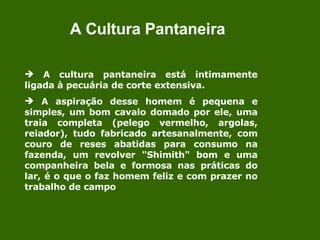 A cultura pantaneira está intimamente ligada à pecuária de corte extensiva. A aspiração desse homem é pequena e simples, um bom cavalo domado por ele, uma traia completa (pelego vermelho, argolas, reiador), tudo fabricado artesanalmente, com couro de reses abatidas para consumo na fazenda, um revolver "Shimith" bom e uma companheira bela e formosa nas práticas do lar, é o que o faz homem feliz e com prazer no trabalho de campo A Cultura Pantaneira 