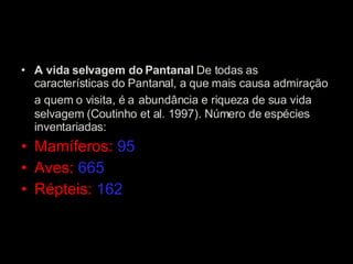 A vida selvagem do Pantanal  De todas as características do Pantanal, a que mais causa admiração a quem o visita, é a   abundância e riqueza de sua vida selvagem (Coutinho et al. 1997). Número de espécies inventariadas:   Mamíferos:   95   Aves:   665    Répteis:   162   Anfíbios40  