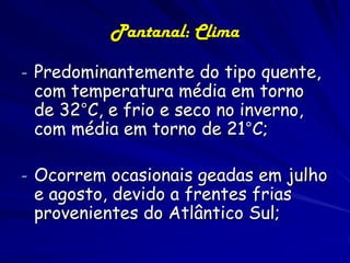 Corixos e Salinas
Interligando as baías aos rios existem pequenos cursos
permanentes de água que na época seca perdem a ligação com o ro.
No Pantanal esses são conhecidos como corixos. No cheio,
reestabelecem a ligação e funcionam como berçários para peixes.
Como são meandros, durante a estação seca podem se reduzir a
filetes d´água, enquanto que na cheia ficam tão volumosos que se
confundem com os rios principais.
Em locais onde existe contacto menos frequente com os rios, os
corixos podem se transformar em salinas, devido a
evapotranspiração e concentração elevados de sodio.

 