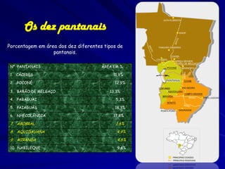Pantanal: as enchentes
- Caracterizadas pela subida do nível das águas do
Paraguai e seus afluentes;
- Rio Paraguai é típico de planície, raso e com barrancas
de pequena altura-> transborda e represa -> água vai se
espalhando e cobrindo várias extensões, continuamente;
- Águas provenientes das enchentes tem comportamento
ondular;

 