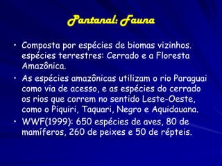 Pantanal:
Vegetação

• O chamado
Complexo Pantanal
é formado por
vegetações de
cerrado,
fragmentos
florestais, campos,
mas devido à ação
antrópica, grande
parte de sua área é
dominada por
pastagens, subsídio
para economia
agropecuária.

 