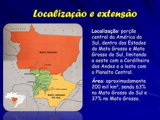 Pantanal: Economia
AGRICULTURA
• Terras mais altas – desmatamento de matas e cerrados e erosão
nos terrenos.
• Defensivos agrícolas
• Terrenos inundáveis – construção de diques.
• Desenvolvimento, porém teve um aumento exagerado.
MINERAÇÃO
Garimpagem de ouro
Cascalhos dos rios
• Processo de purificação tóxico – mercúrio
• Depósitos de ferro, magnésio e calcário
USINAS DE ÁLCOOL
• Plantações de cana-de-açúcar
• Uso de herbicidas e resíduos prejudiciais das usinas.

 