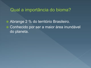  Abrange 2 % do território Brasileiro.
 Conhecido por ser a maior área inundável
do planeta.
 
