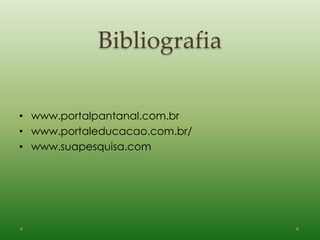 Bibliografia
• www.portalpantanal.com.br
• www.portaleducacao.com.br/
• www.suapesquisa.com
 