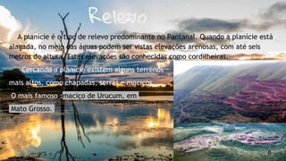 Relevo
A planície é o tipo de relevo predominante no Pantanal. Quando a planície está
alagada, no meio das águas podem ser vistas elevações arenosas, com até seis
metros de altura. Estas elevações são conhecidas como cordilheiras.
Cercando a planície existem alguns terrenos
mais altos, como chapadas, serras e maciços.
O mais famoso :maciço de Urucum, em
Mato Grosso.
6
 