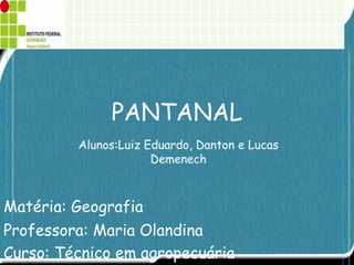 PANTANAL Matéria: Geografia  Professora: Maria Olandina Curso: Técnico em agropecuária   Alunos:Luiz Eduardo, Danton e Lucas Demenech 