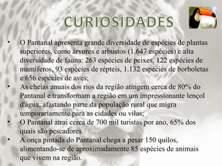 O Pantanal apresenta grande diversidade de espécies de plantas superiores, como árvores e arbustos (1.647 espécies) e alta diversidade de fauna: 263 espécies de peixes, 122 espécies de mamíferos, 93 espécies de répteis, 1.132 espécies de borboletas e 656 espécies de aves; As cheias anuais dos rios da região atingem cerca de 80% do Pantanal e transformam a região em um impressionante lençol d'água, afastando parte da população rural que migra temporariamente para as cidades ou vilas; O Pantanal atrai cerca de 700 mil turistas por ano, 65% dos quais são pescadores. A onça pintada do Pantanal chega a pesar 150 quilos, alimentando-se de aproximadamente 85 espécies de animais que vivem na região. 