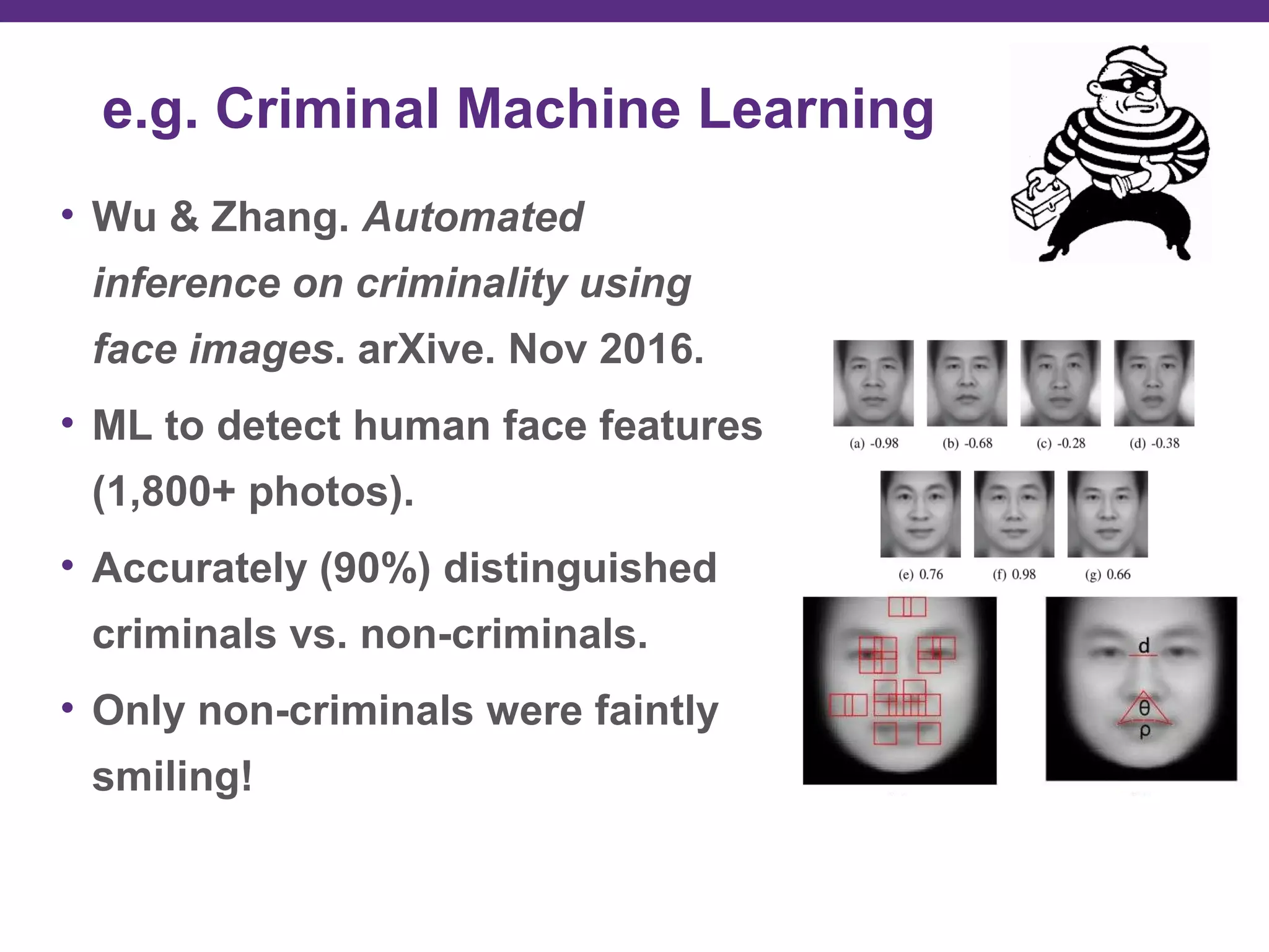e.g. Criminal Machine Learning
• Wu & Zhang. Automated
inference on criminality using
face images. arXive. Nov 2016.
• ML to detect human face features
(1,800+ photos).
• Accurately (90%) distinguished
criminals vs. non-criminals.
• Only non-criminals were faintly
smiling!
 