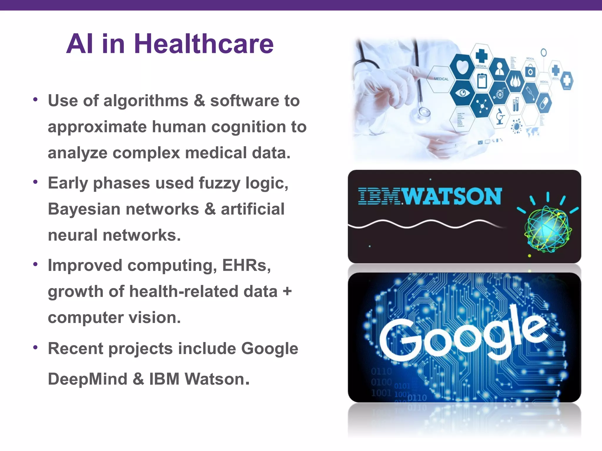 AI in Healthcare
• Use of algorithms & software to
approximate human cognition to
analyze complex medical data.
• Early phases used fuzzy logic,
Bayesian networks & artificial
neural networks.
• Improved computing, EHRs,
growth of health-related data +
computer vision.
• Recent projects include Google
DeepMind & IBM Watson.
 