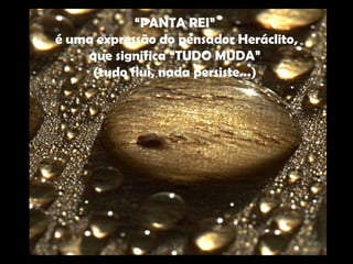 “ PANTA REI”  é uma expressão do pensador Heráclito, que significa “TUDO MUDA”  (tudo flui, nada persiste...)   