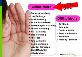 Online Media                   มุ่งเน้นสื่อ
                                    Online
• Banner Advertising
• Link Exchange
• email Marketing           Offline Media
• PR & Press Release
                            • TV / Radio
• Search Engine Marketing
                            • Print Ads.
• Affiliate Marketing
                            • Outdoor media
• Viral Marketing
                            • Press Conference
• Blog Marketing
                            • Exhibition
• RSS Feed
                            • Training / Seminar
• VDO Marketing
• Mobile Marketing
• Location Marketing
• Social Marketing
• e-Marketplace
                               © 2011 Pantavanij Co., Ltd. All Rights Reserved
 