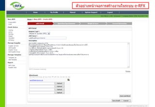 ตัวอย่างหน้าจอการสร้างงานในระบบ e-RFX




15                  © 2011 Pantavanij Co., Ltd. All Rights Reserved
 