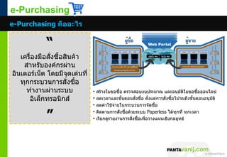 e-Purchasing
e-Purchasing คืออะไร


            “
   เครื่องมือสั่งซื้อสินค้า
    สำาหรับองค์กรผ่าน
อินเตอร์เน็ต โดยมีจุดเด่นที่
   ทุกกระบวนการสั่งซื้อ
     ทำางานผ่านระบบ            •   สร้างใบขอซื้อ ตรวจสอบงบประมาณ และอนุมัติใบขอซื้อออนไลน์
      อิเล็กทรอนิกส์           •   ลดเวลาและขั้นตอนสั่งซื้อ ตั้งแต่การสั่งซื้อไปจนถึงขั้นตอนอนุมัติ
                               •   ลดค่าใช้จ่ายในกระบวนการจัดซื้อ

            ”                  •
                               •
                                   ติดตามการสั่งซื้อด้วยระบบ Paperless ได้ทกที่ ทุกเวลา
                                                                               ุ
                                   เรียกดูรายงานการสั่งซื้อเพื่อวางแผนเชิงกลยุทธ์




                                                                        © 2011 Pantavanij Co., Ltd. All Rights Reserved
 
