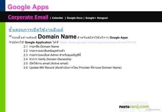 Google Apps
Corporate Email | Calendar | Google Docs | Google+ Hangout

ขั ้ น ตอนการเปิ ด ใช้ ง านอี เ มล์
ก่ อ นอื ่ น ท่ า นต้ อ งมี   Domain Name สำ า หรั บ สมั ค รใช้ บ ริ ก าร Google Apps
สมั ค รใช้ Google Application ได้ ท ี ่ https://www.google.com/a/cpanel/standard/new3?hl=th
          2.1 กรอกชื่อ Domain Name
          2.2 กรอกรายละเอียดข้อมูลส่วนตัว
          2.3 กรอกรายละเอียด Admin สำาหรับดูแลบัญชีนี้
          2.4 ทำาการ Verify Domain Ownership
          2.5 เปิดใช้งาน email (Active email)
          2.6 Update MX Record (ต้องดำาเนินการโดย Provider ที่ท่านจด Domain Name)




                                                                                © 2011 Pantavanij Co., Ltd. All Rights Reserved
 