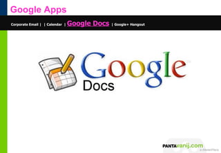 Google Apps
Corporate Email | | Calendar |   Google Docs | Google+ Hangout




                                                                 © 2011 Pantavanij Co., Ltd. All Rights Reserved
 