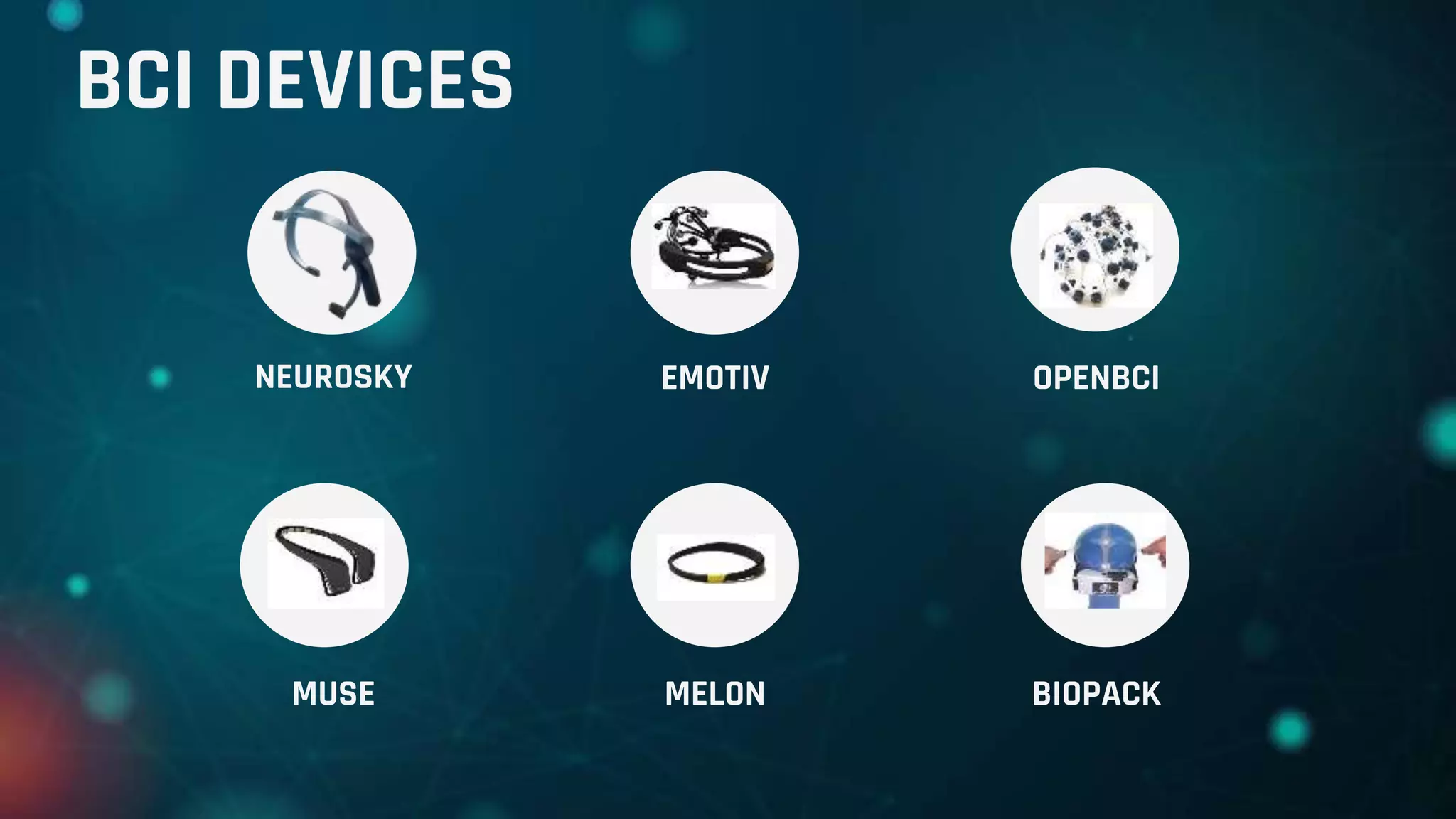 BCI DEVICES
NEUROSKY EMOTIV OPENBCI
MUSE MELON BIOPACK
 