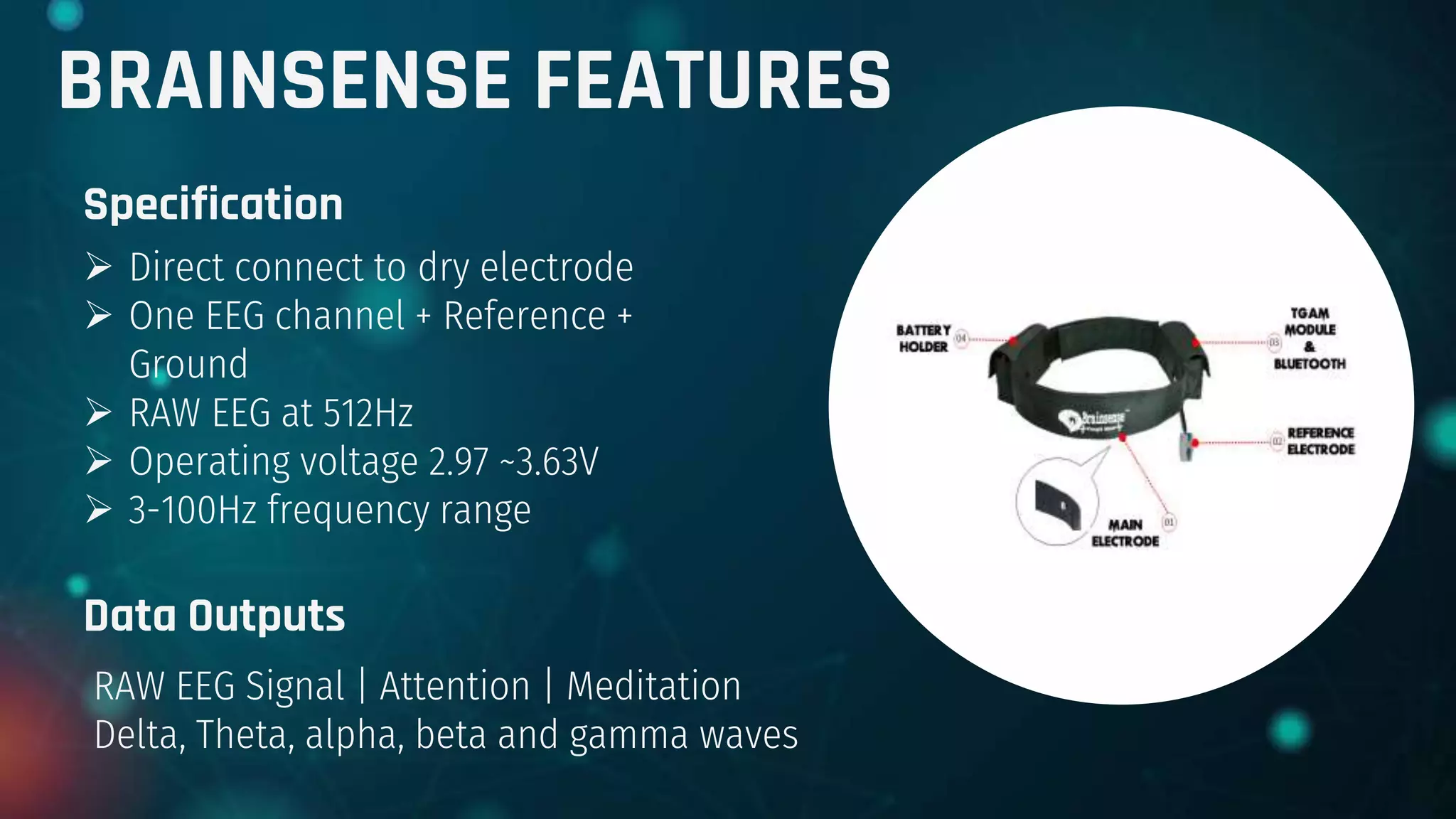 BRAINSENSE FEATURES
Specification
 Direct connect to dry electrode
 One EEG channel + Reference +
Ground
 RAW EEG at 512Hz
 Operating voltage 2.97 ~3.63V
 3-100Hz frequency range
Data Outputs
RAW EEG Signal | Attention | Meditation
Delta, Theta, alpha, beta and gamma waves
 
