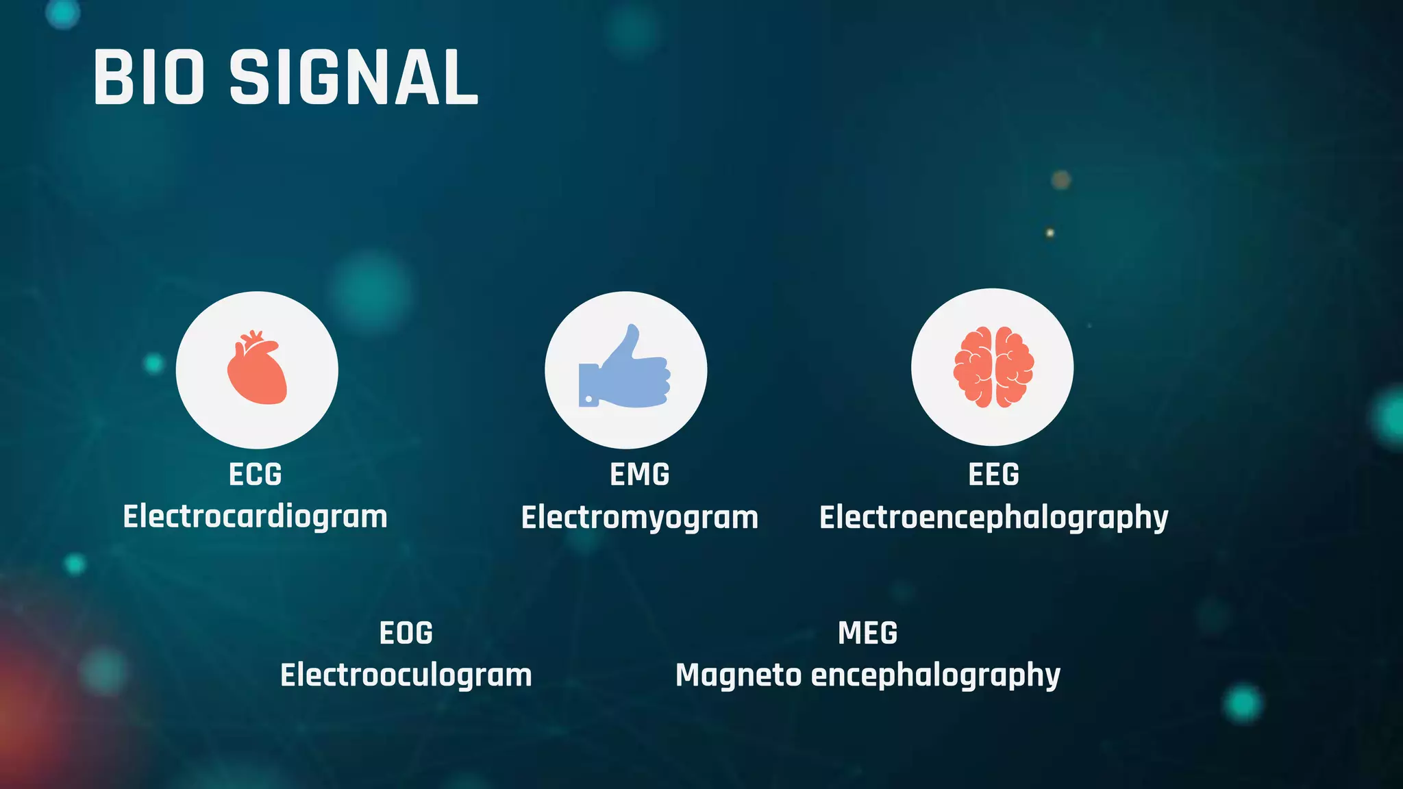 BIO SIGNAL
ECG
Electrocardiogram
EMG
Electromyogram
EEG
Electroencephalography
EOG
Electrooculogram
MEG
Magneto encephalography
 