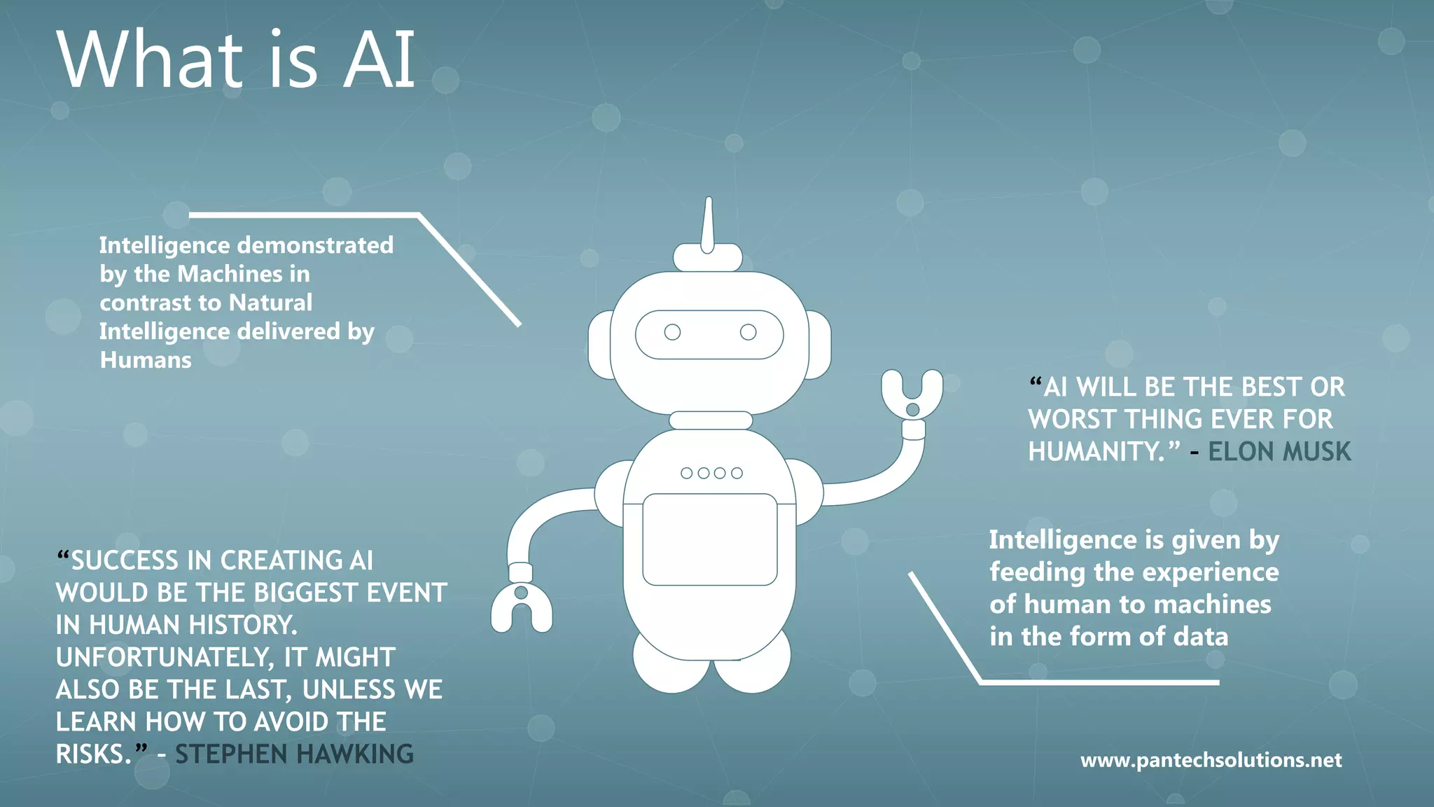 What is AI
Intelligence is given by
feeding the experience
of human to machines
in the form of data
Intelligence demonstrated
by the Machines in
contrast to Natural
Intelligence delivered by
Humans
“AI WILL BE THE BEST OR
WORST THING EVER FOR
HUMANITY.” – ELON MUSK
“SUCCESS IN CREATING AI
WOULD BE THE BIGGEST EVENT
IN HUMAN HISTORY.
UNFORTUNATELY, IT MIGHT
ALSO BE THE LAST, UNLESS WE
LEARN HOW TO AVOID THE
RISKS.” – STEPHEN HAWKING www.pantechsolutions.net
 