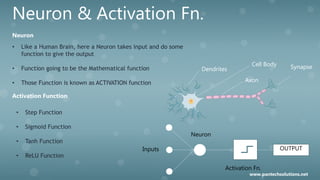Neuron & Activation Fn.
• Like a Human Brain, here a Neuron takes input and do some
function to give the output
• Function going to be the Mathematical function
• Those Function is known as ACTIVATION function
Neuron
Activation Function
• Step Function
• Sigmoid Function
• Tanh Function
• ReLU Function
Dendrites
Cell Body
Axon
Synapse
Neuron
OUTPUT
Activation Fn.
Inputs
www.pantechsolutions.net
 