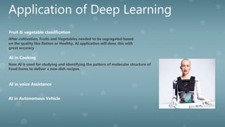 Application of Deep Learning
After cultivation, Fruits and Vegetables needed to be segregated based
on the quality like Rotten or Healthy. AI application will done this with
great accuracy
Fruit & vegetable classification
AI in Autonomous Vehicle
Now AI is used for studying and identifying the pattern of molecular structure of
Food Items to deliver a new dish recipes.
AI in Cooking
AI in voice Assistance
 