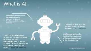What is AI
Intelligence is given by
feeding the experience
of human to machines
in the form of data
Intelligence demonstrated
by the Machines in
contrast to Natural
Intelligence delivered by
Humans
“AI WILL BE THE BEST OR
WORST THING EVER FOR
HUMANITY.” – ELON MUSK
“SUCCESS IN CREATING AI
WOULD BE THE BIGGEST EVENT
IN HUMAN HISTORY.
UNFORTUNATELY, IT MIGHT
ALSO BE THE LAST, UNLESS WE
LEARN HOW TO AVOID THE
RISKS.” – STEPHEN HAWKING www.pantechsolutions.net
 