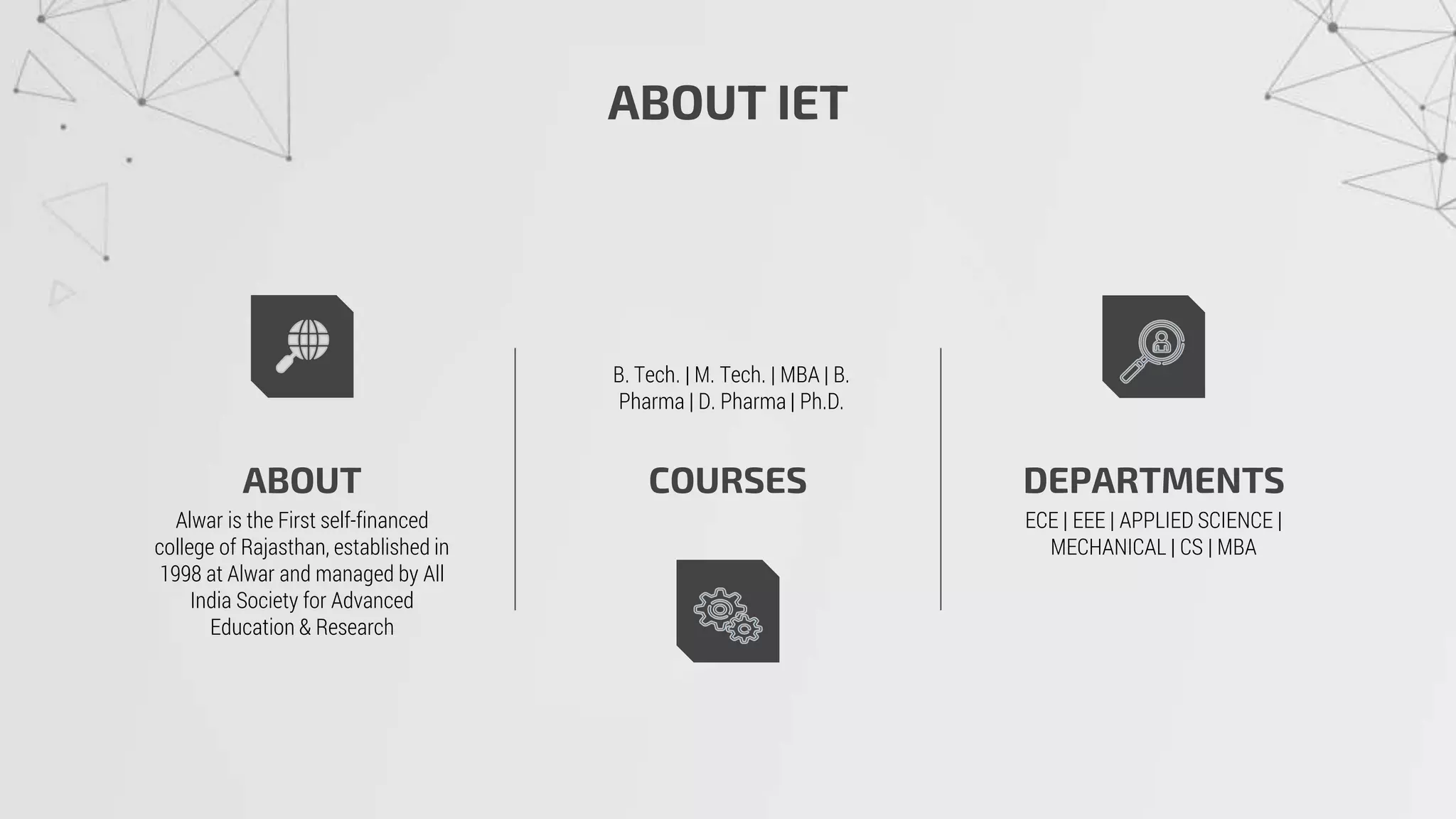 ABOUT IET
ABOUT
Alwar is the First self-financed
college of Rajasthan, established in
1998 at Alwar and managed by All
India Society for Advanced
Education & Research
COURSES
B. Tech. | M. Tech. | MBA | B.
Pharma | D. Pharma | Ph.D.
DEPARTMENTS
ECE | EEE | APPLIED SCIENCE |
MECHANICAL | CS | MBA
 
