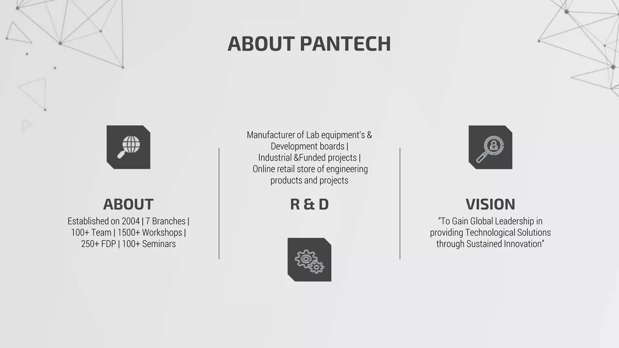 ABOUT PANTECH
ABOUT
Established on 2004 | 7 Branches |
100+ Team | 1500+ Workshops |
250+ FDP | 100+ Seminars
R & D
Manufacturer of Lab equipment‘s &
Development boards |
Industrial &Funded projects |
Online retail store of engineering
products and projects
VISION
“To Gain Global Leadership in
providing Technological Solutions
through Sustained Innovation”
 