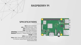 RASPBERRY PI
SPECIFICATIONS
SoC: Broadcom BCM2837
CPU: 4× ARM Cortex-A53, 1.2GHz
GPU: Broadcom VideoCore IV
RAM: 1GB LPDDR2 (900 MHz)
Networking: 10/100 Ethernet, 2.4GHz 802.11n wireless
Bluetooth: Bluetooth 4.1 Classic, Bluetooth Low Energy
Storage: microSD
GPIO: 40-pin header, populated
Ports: HDMI, 3.5mm analogue audio-video jack, 4× USB
2.0, Ethernet, Camera Serial Interface (CSI), Display
Serial Interface (DSI)
 