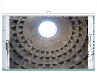  Les línies d’imposta delimiten tres pisos d’arcs de maó, la funció

de descàrrega dels quals reverteix en els contraforts integrats al
mur que, al seu torn, distribueixen el pes dels vuit pilars interns
repartits per la planta de la cel·la.
 S’accedeix a la cel·la a través d’unes portes de bronze
gegantines, flanquejades per dos nínxols o concavitats que
tanquen les naus laterals.
 La cel·la és un espai circular amb un mur obert a diverses
capelles i fornícules intercalades, i un àtic amb finestres cobertes
amb gelosies sobre el qual descansa la cúpula que, amb una
altura de 43 m, dóna grandiositat a l’espai gràcies als
cassetons, que es van empetitint a mesura que s’apropen a
l’òcul zenital.

 