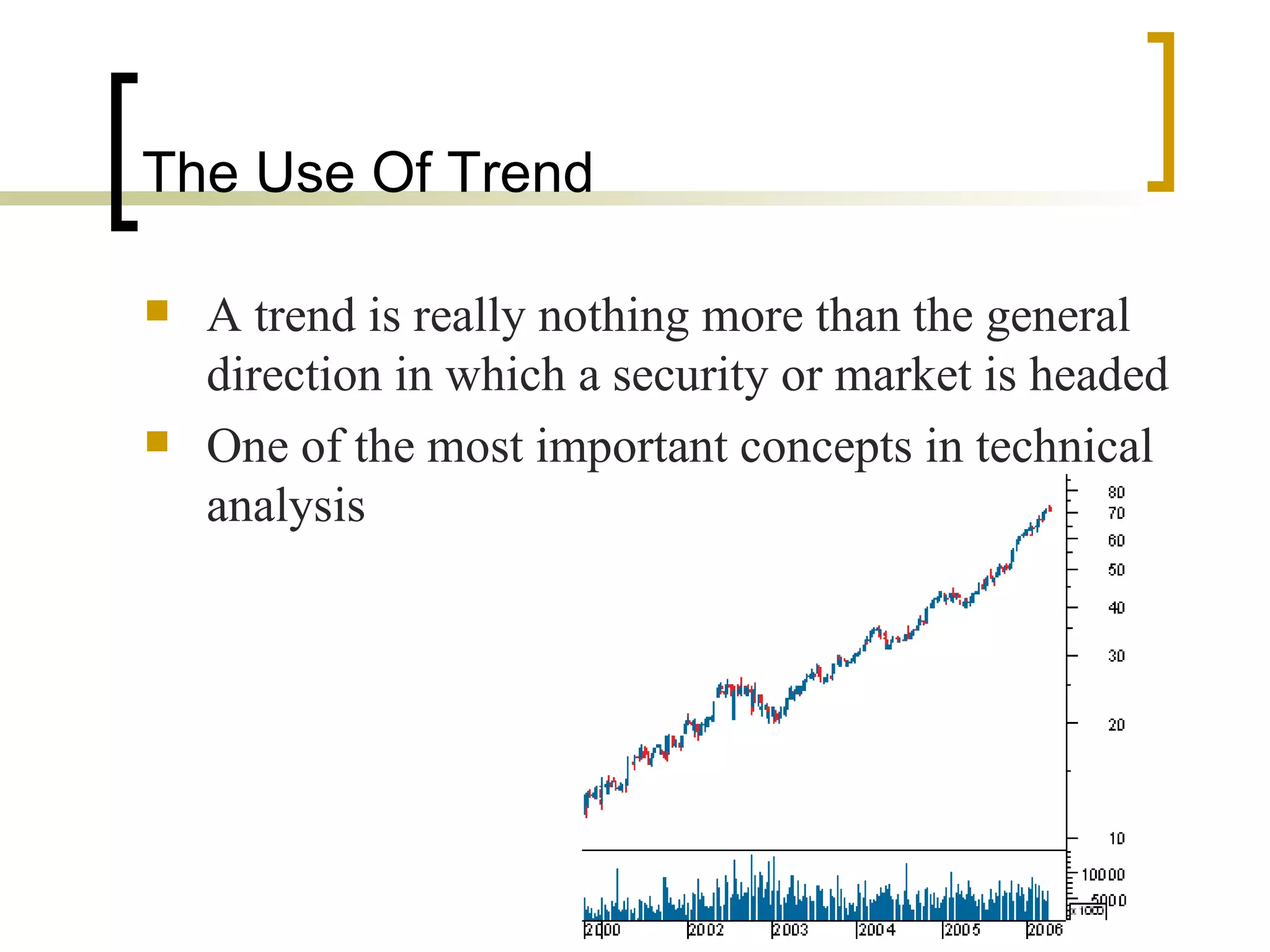 The Use Of Trend  A trend is really nothing more than the general direction in which a security or market is headed  One of the most important concepts in technical analysis  