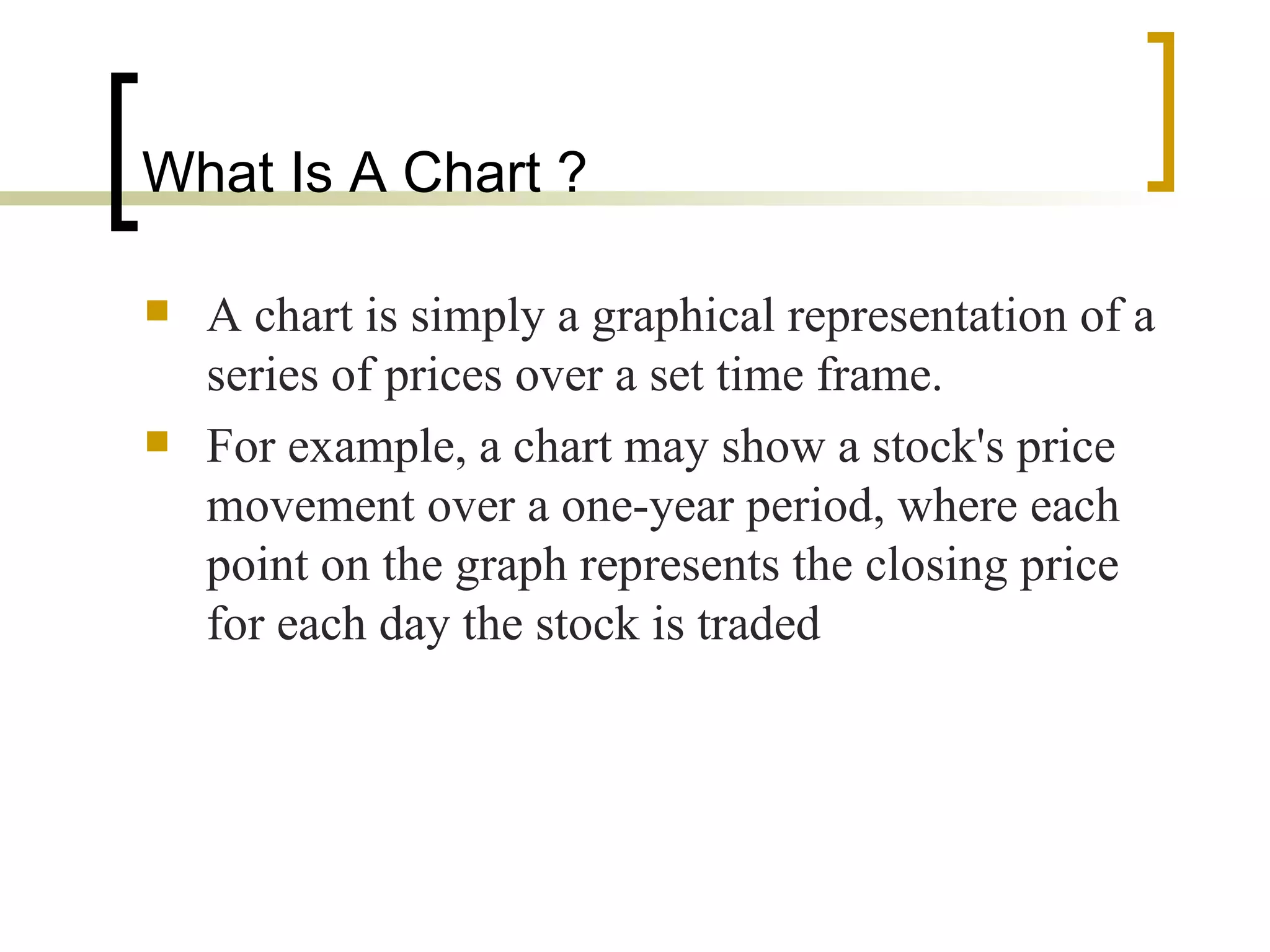 What Is A Chart ?  A chart is simply a graphical representation of a series of prices over a set time frame. For example, a chart may show a stock's price movement over a one-year period, where each point on the graph represents the closing price for each day the stock is traded  
