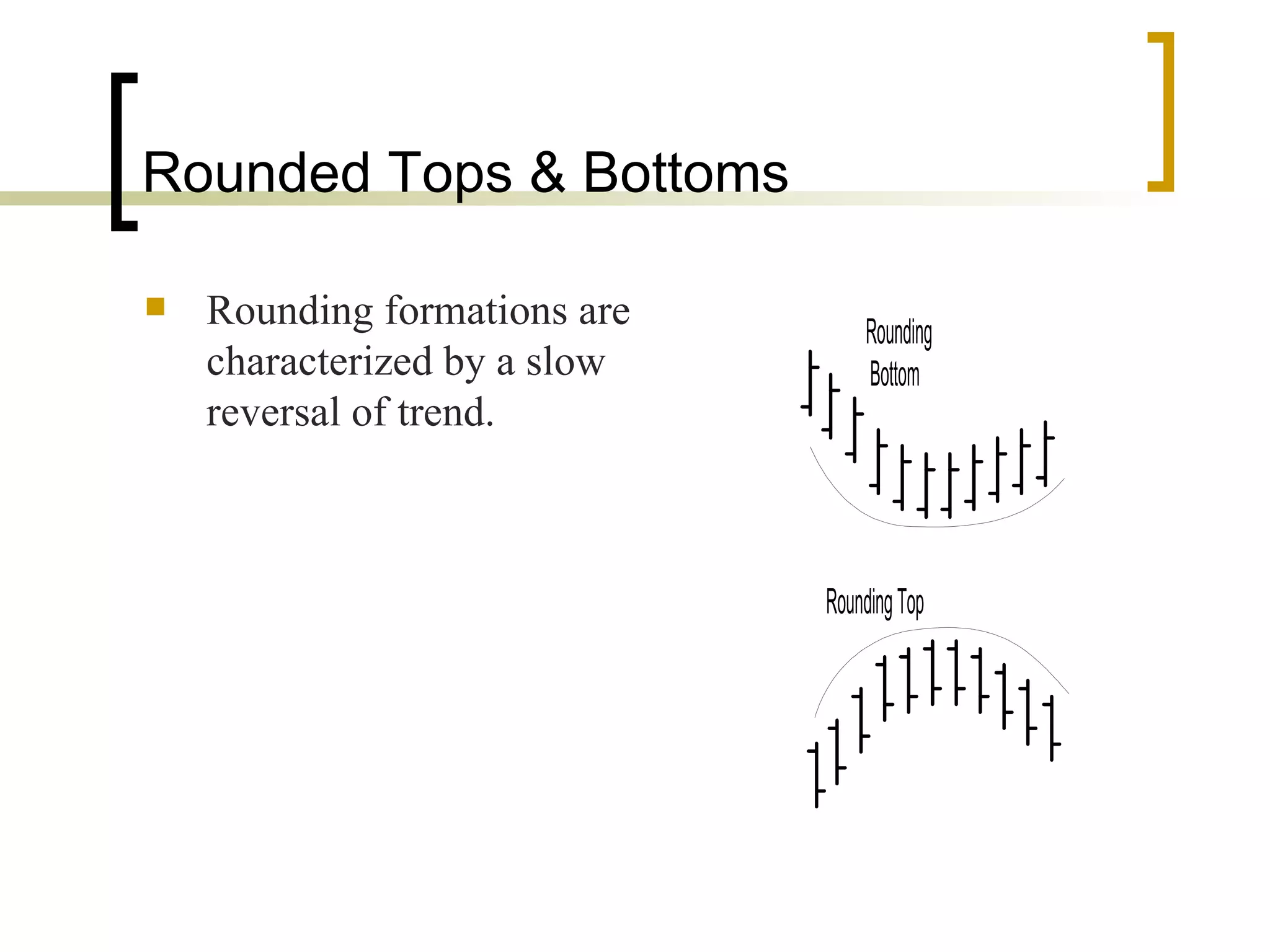 Rounded Tops & Bottoms Rounding formations are characterized by a slow reversal of trend. 
