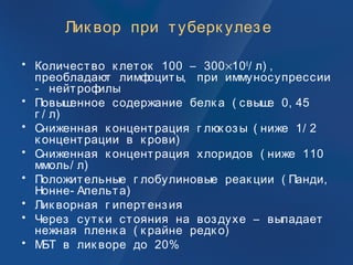 Лик вор при туберк улезе
• Количество к леток 100 – 300×106
/ л) ,
преобладают лимфоциты, при иммуносупрессии
- нейтрофилы
• Повышенное содержание белк а ( свыше 0, 45
г / л)
• Сниженная к онцентрация г люк озы ( ниже 1/ 2
к онцентрации в к рови)
• Сниженная к онцентрация хлоридов ( ниже 110
ммоль/ л)
• Положительные г лобулиновые реак ции ( Панди,
Нонне- Апельта)
• Лик ворная г ипертензия
• Через сутк и стояния на воздухе – выпадает
нежная пленк а ( к райне редк о)
• МБТ в лик воре до 20%
 