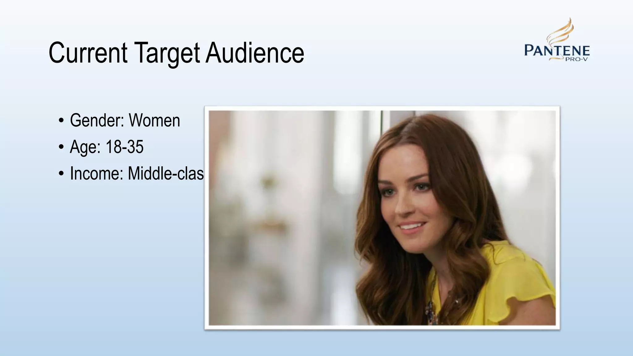 Current Target Audience
• Gender: Women
• Age: 18-35
• Income: Middle-class
 