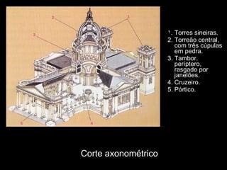 Torres sineiras. Torreão central, com três cúpulas em pedra. Tambor. períptero, rasgado por janelões. Cruzeiro. Pórtico. Corte axonométrico 