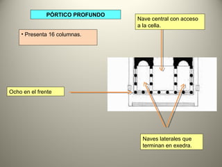 PÓRTICO PROFUNDO
• Presenta 16 columnas.
Ocho en el frente
Nave central con acceso
a la cella.
Naves laterales que
terminan en exedra.
 