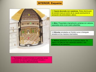 1
2 2
3 3
4
5
1- Pavimento compartimentado en grandes zonas
cuadradas de mármol que presentan círculos y
cuadrados inscritos alternativamente.
2- Nichos generados por los 8 grandes pilares. Se
abren a la cella por dos columnas exentas y dos
pilastras en los extremos.
3- Edículos rematados en frontón curvo o triangular
situados en los macizos intermedios.
4- Ático. Presentaba originalmente ventanas con celosías
separadas entre sí por cuatro pilastrillas
5- Cúpula decorada con casetones. Éstos disminuyen
de tamaño hacia el centro de la cúpula acentuando la
sensación de profundidad y altura.
INTERIOR: Esquema
 